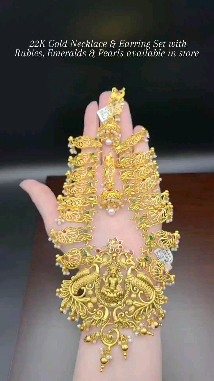 Gold Necklace and Earring Set with pearls, rubies